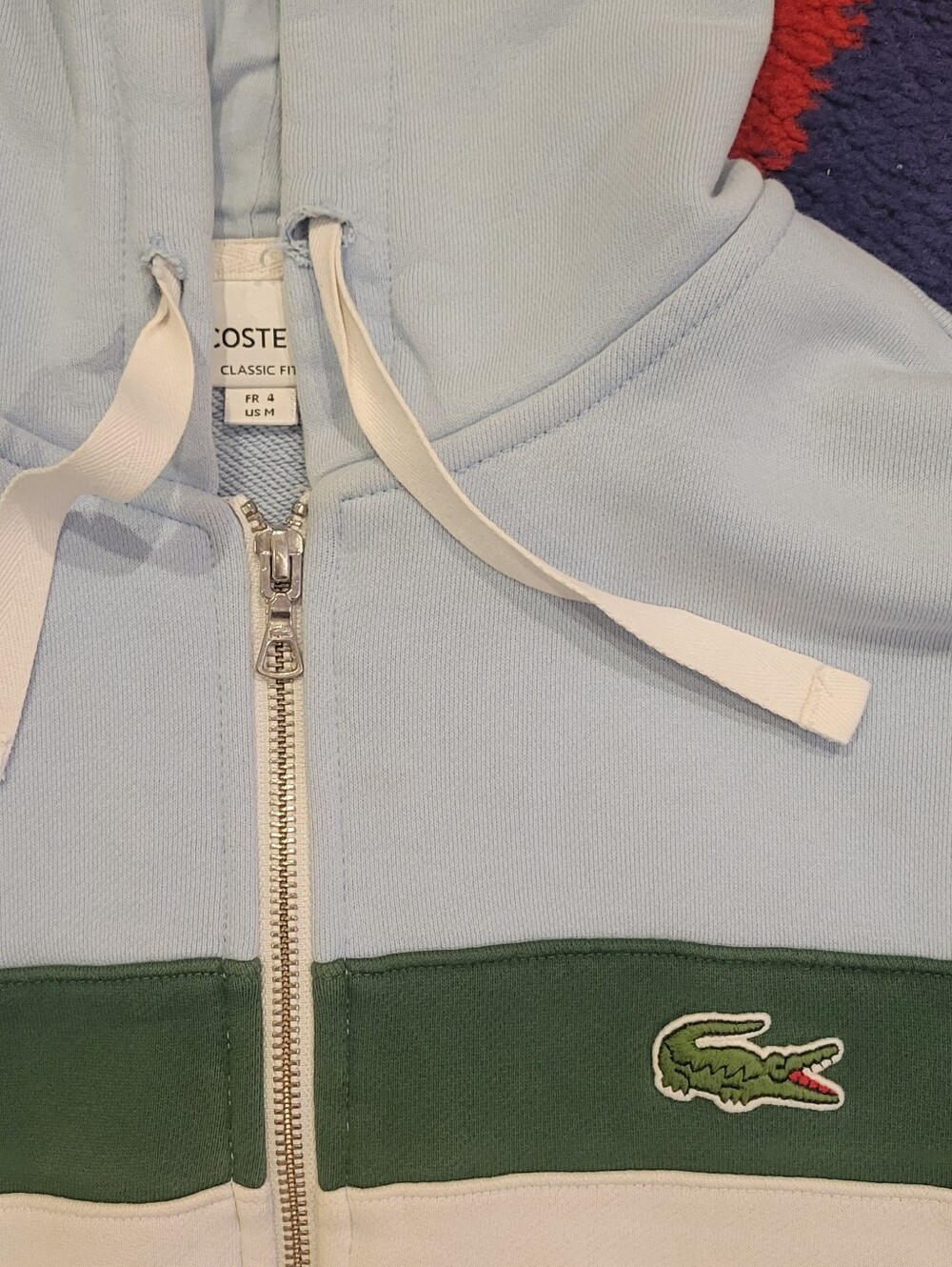 Lacoste Light Blue Hoodie with Green Accent Size Mens Medium
